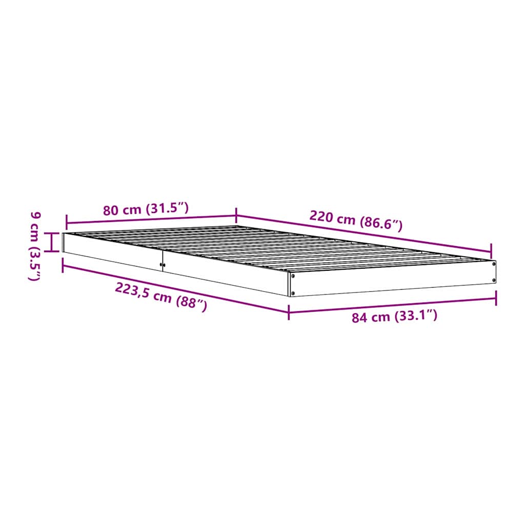 Floor Bed Frame White 80 x 220 cm Solid Pine Wood