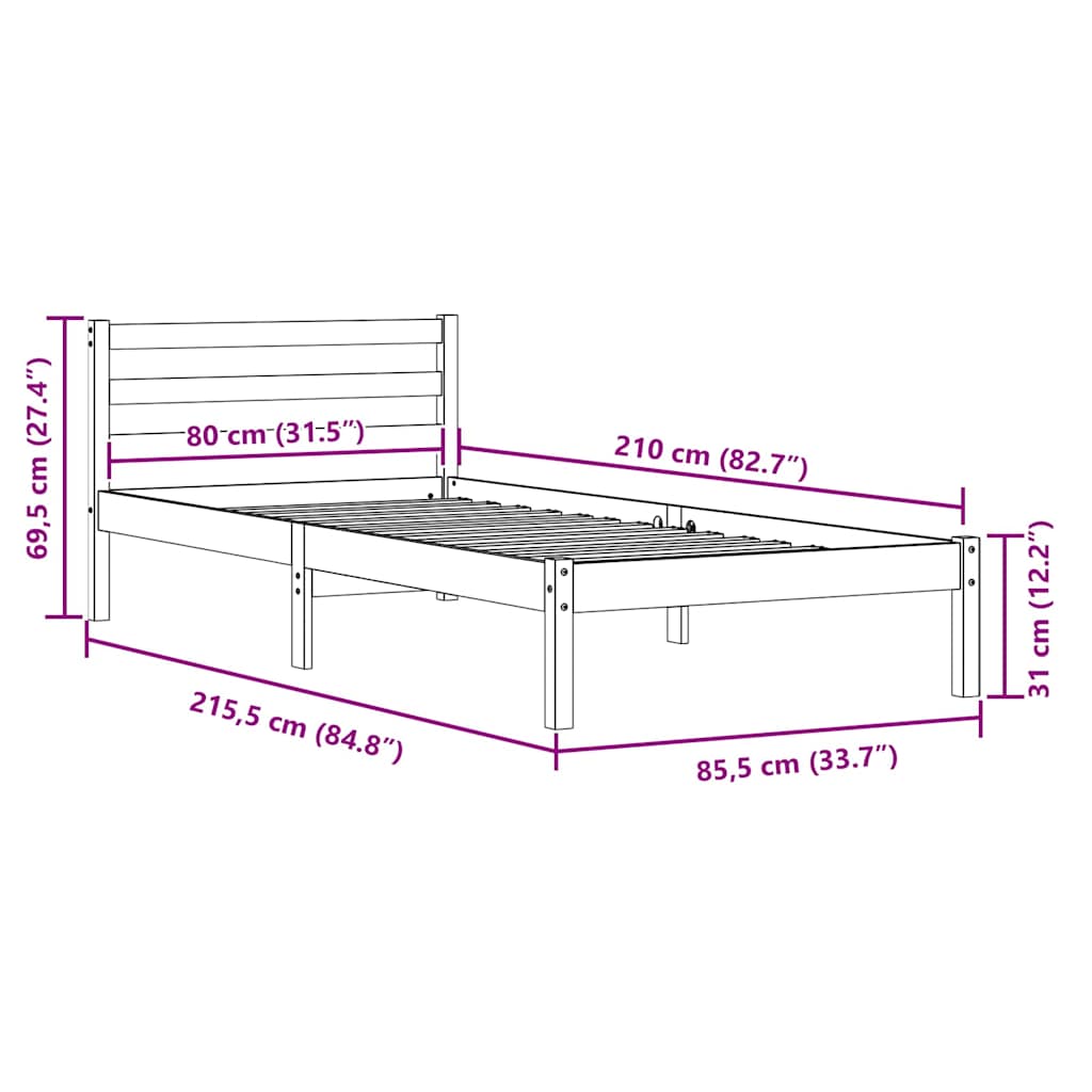 Bed Frame White 215.5 x 85.5 x 69.5 cm Solid Pine Wood