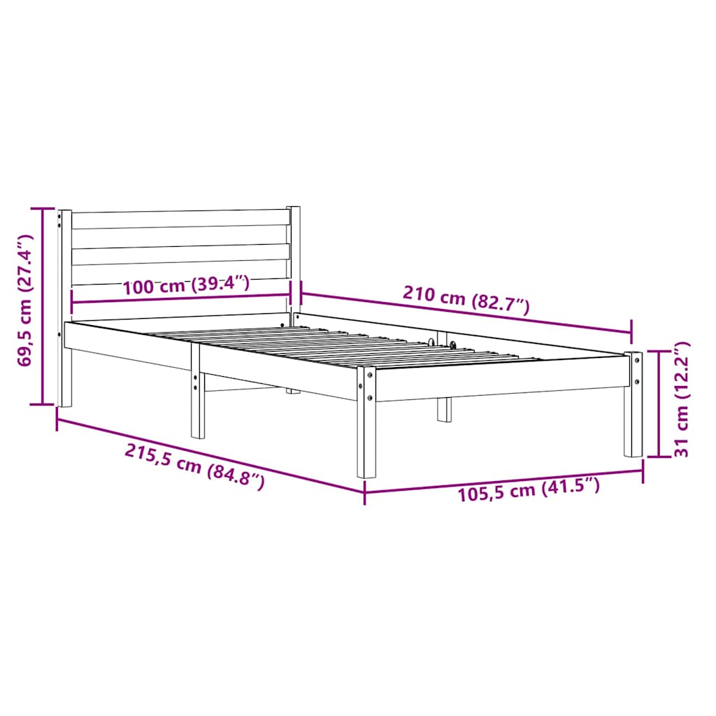 Bed Frame White 215.5 x 105.5 x 69.5 cm Solid Pine Wood