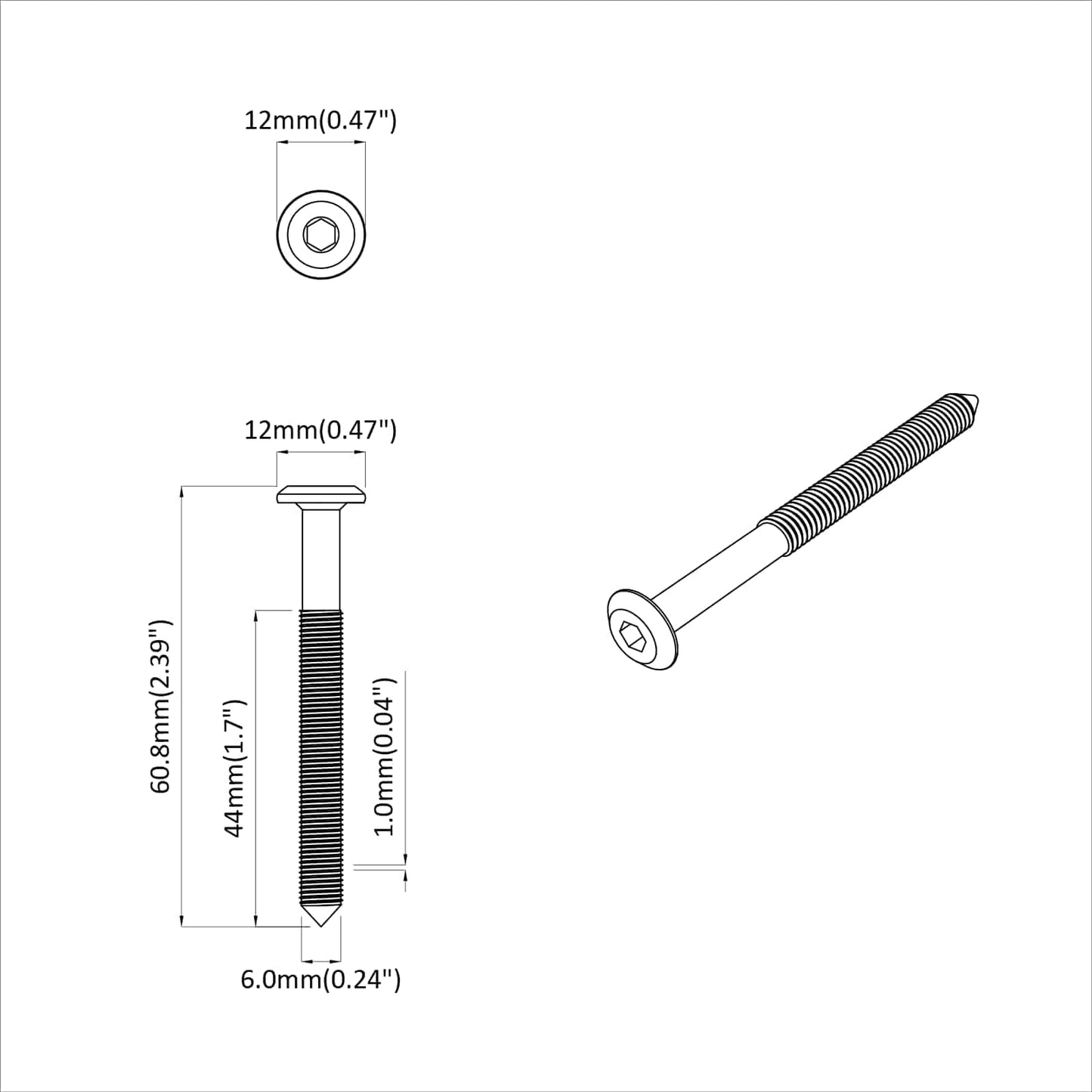 Furniture Screws 2 pcs Silver M6 x 60 mm Steel