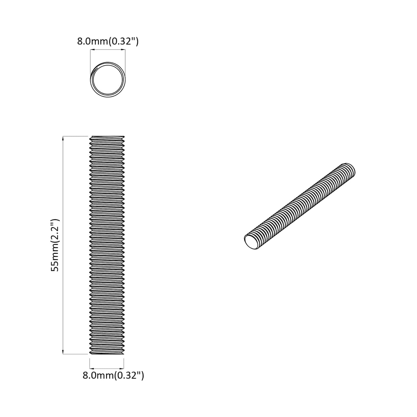 Threaded Rod 2 pcs Silver 8 x 55 mm Steel