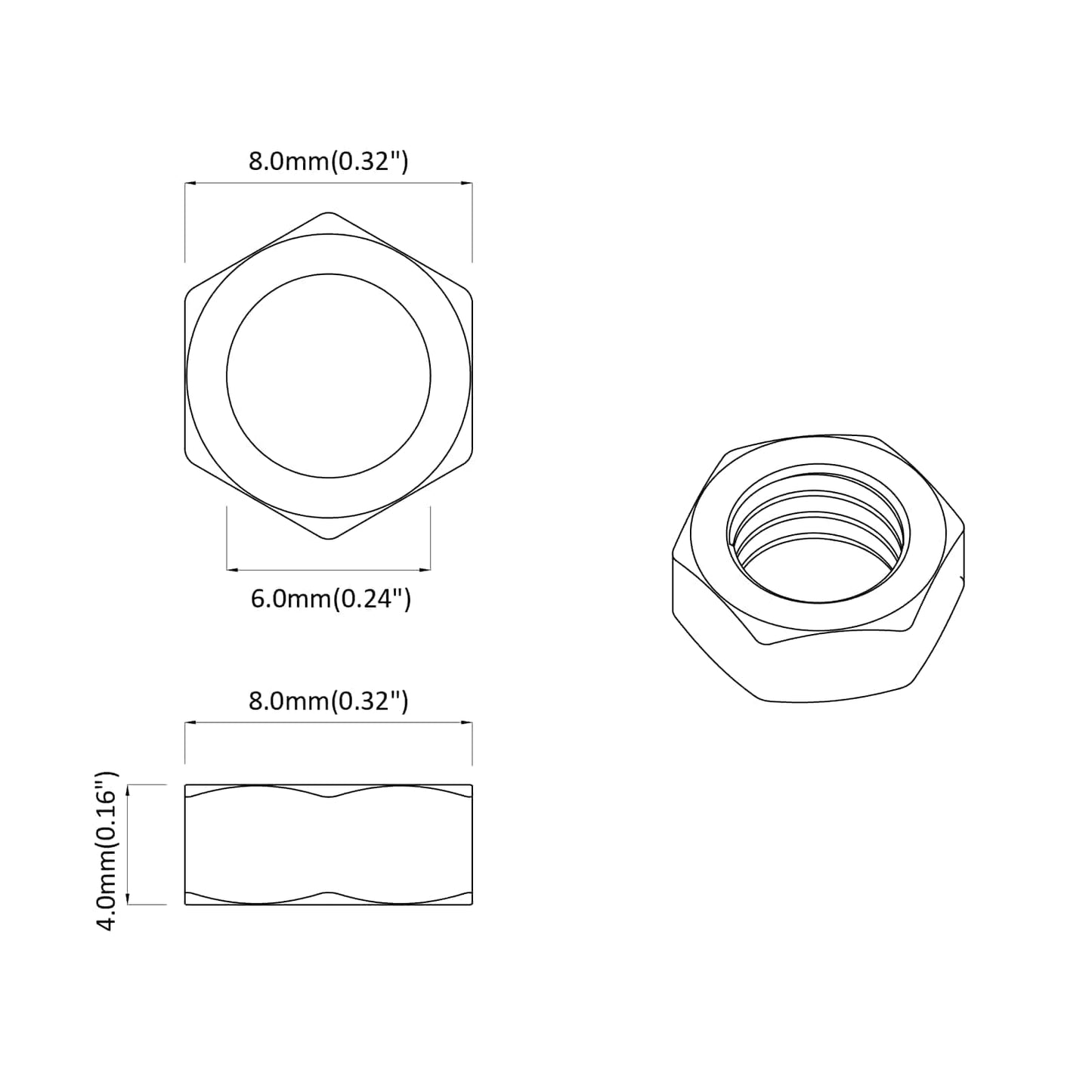 Hex Nut 12 pcs Silver M6 Metal