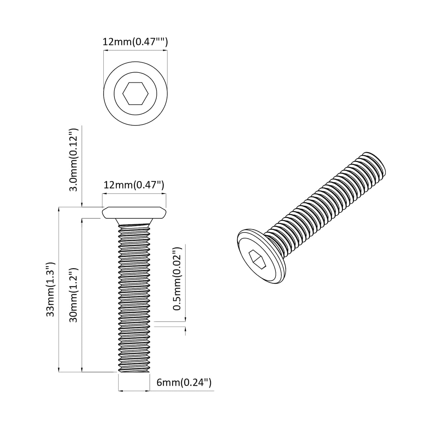 Lock Screw Plain 12 pcs Silver M6 x 30 mm Steel