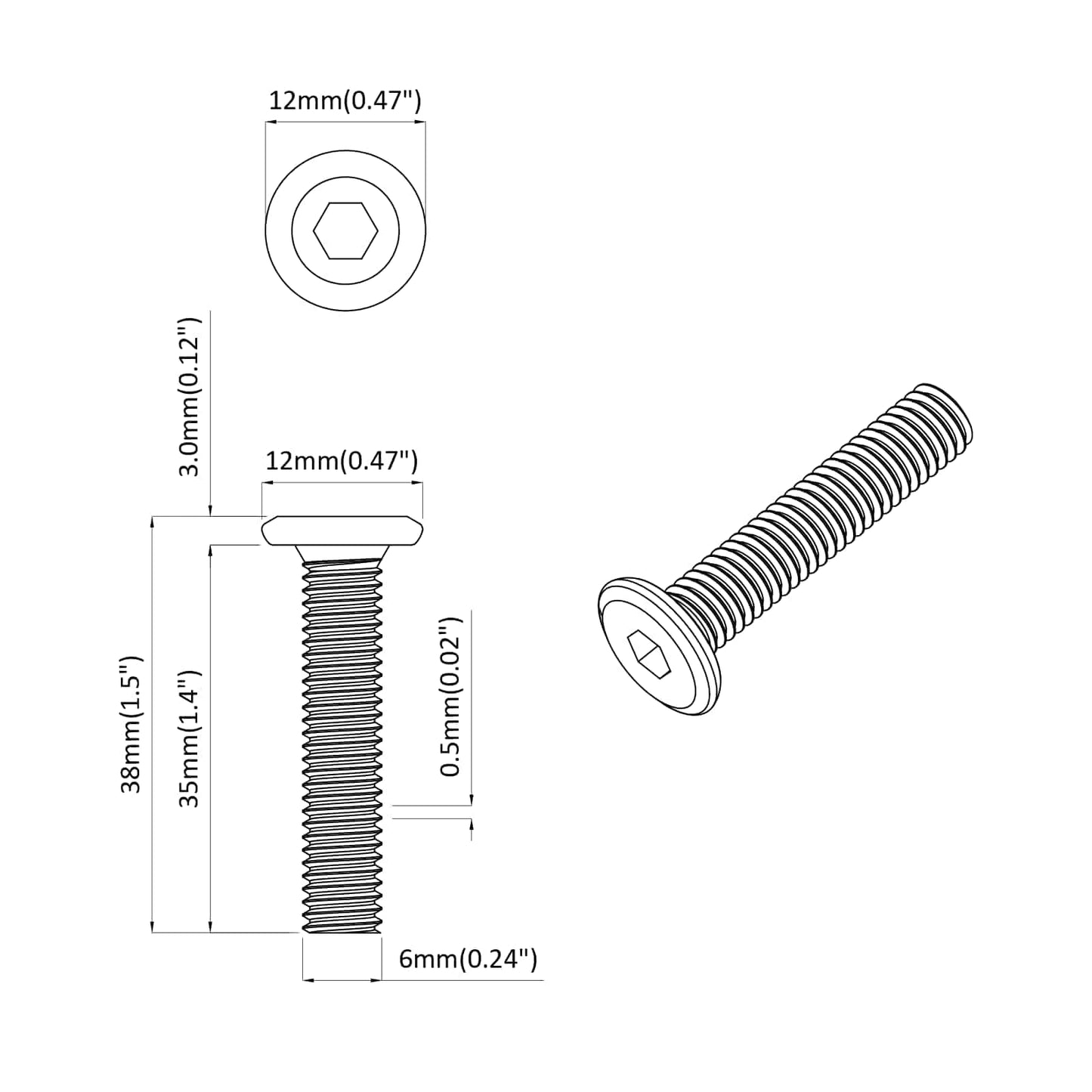 Head Lock Screw 12 pcs Silver M6 x 35 mm Steel