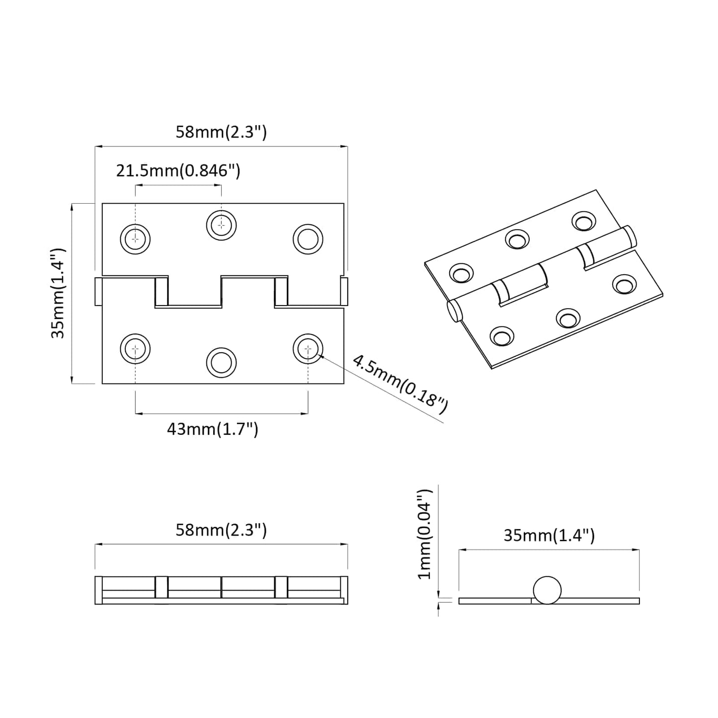 Hinge Plain 2 pcs Silver 58 x 35 x 1 mm Steel