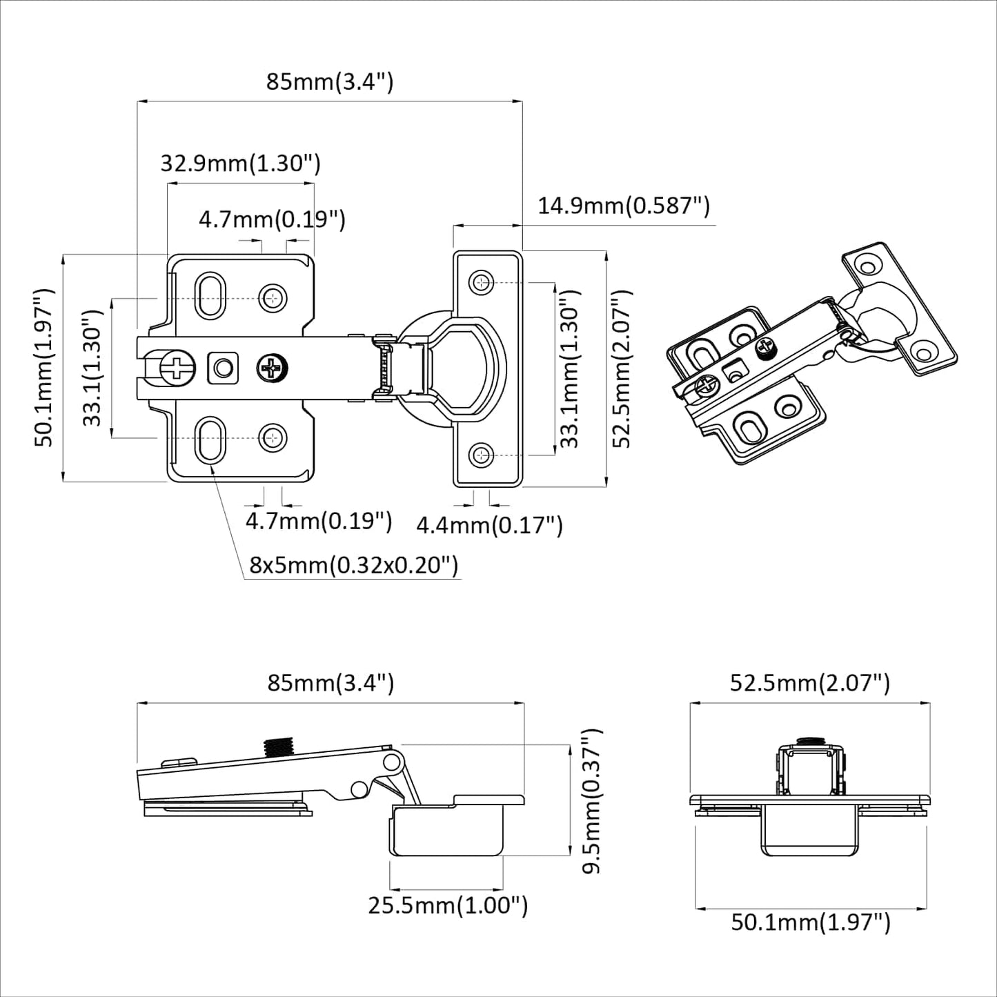 Hinge 257 pcs Nickel 85 x 52.5 x 9.5 mm Iron