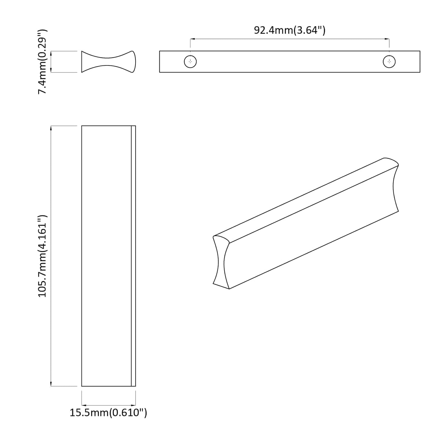 Handle Plain 2 pcs Silver 105.7 x 7.4 x 15.5 mm Aluminium