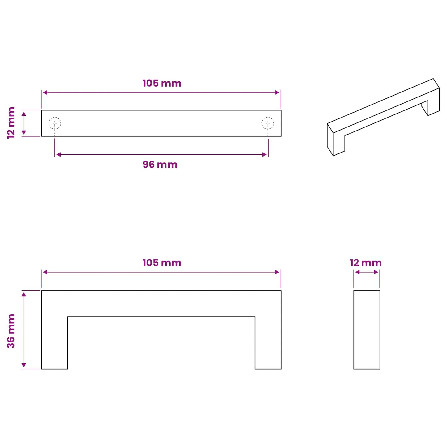 Furniture Handle 530 pcs Black 105 x 12 x 36 mm Iron
