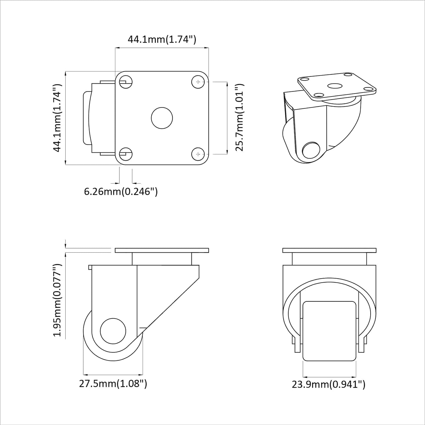 Caster 2 pcs Silver 44.1 x 44.1 x 1.95 mm Nylon