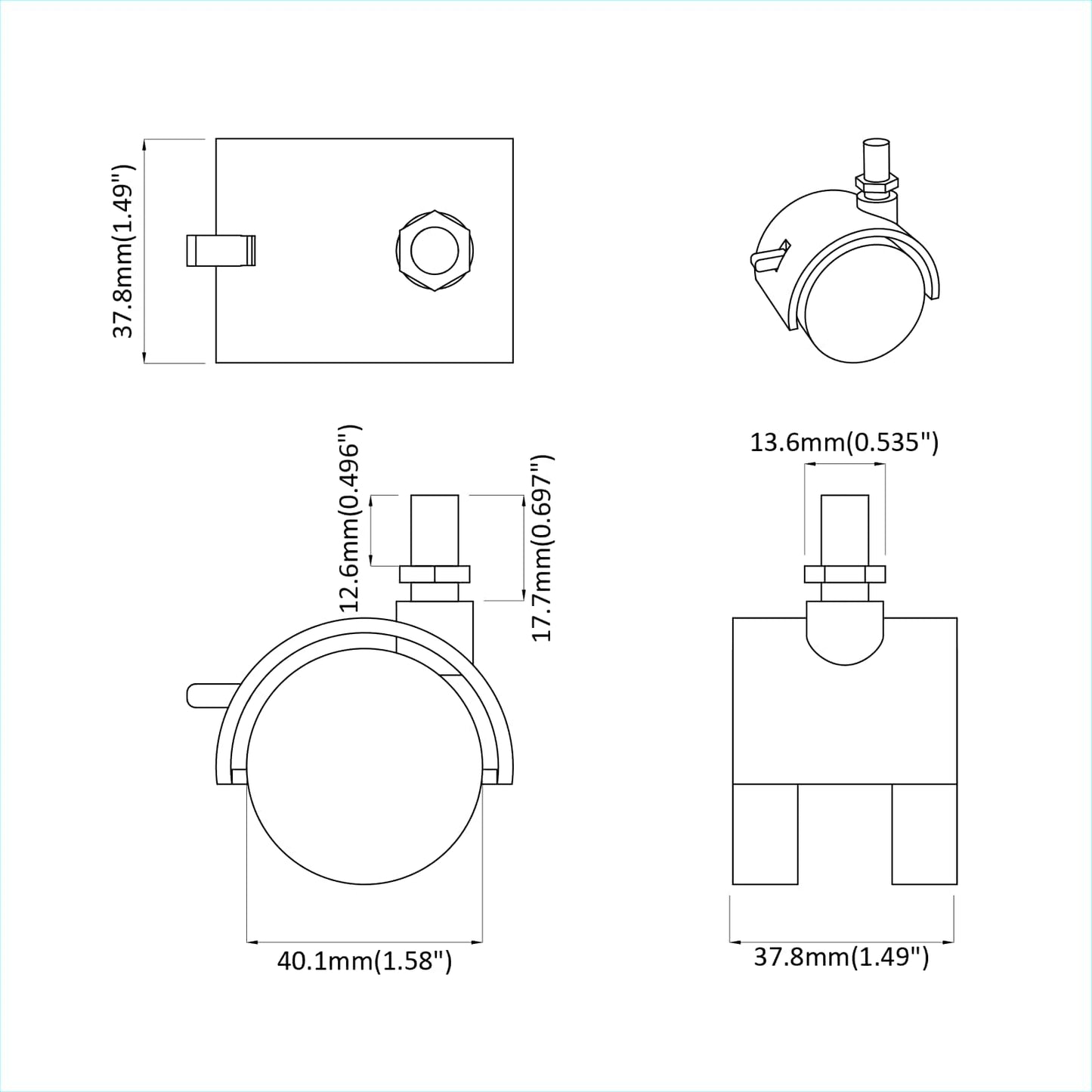 Caster 2 pcs Black and Silver 40.1 x 40.1 x 37.8 mm Iron and PP