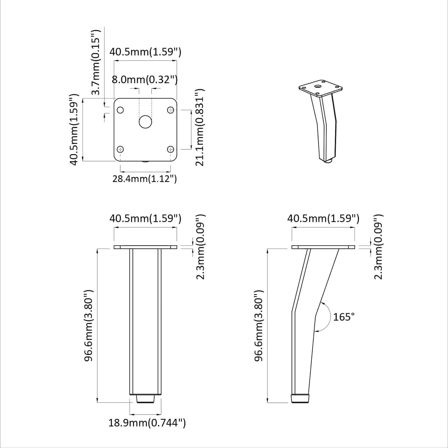 Standing Feet 2 pcs Black 40 x 40 x 100 mm Iron