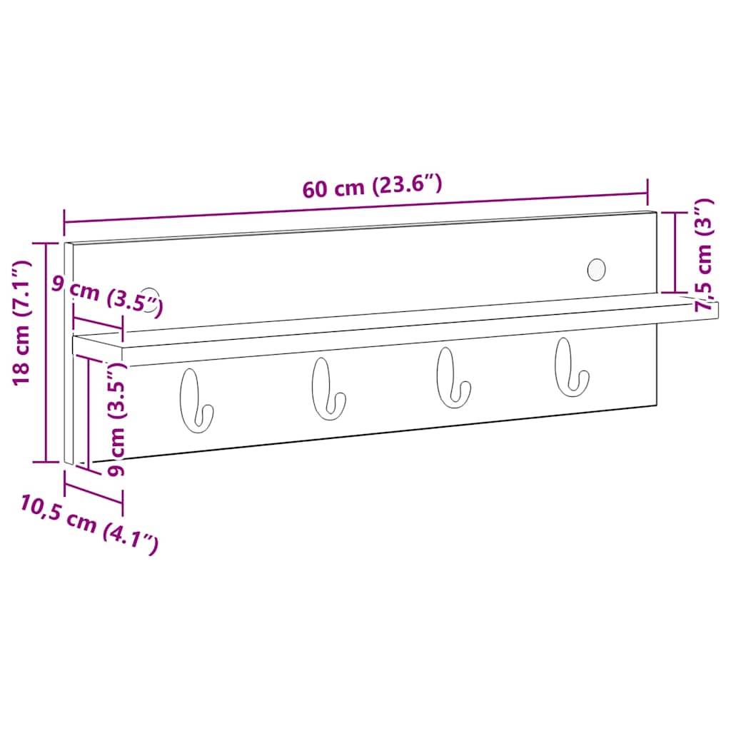 Wall-Mounted Coat Rack Wall-Mounted Old Wood 60 x 10.5 x 18 cm