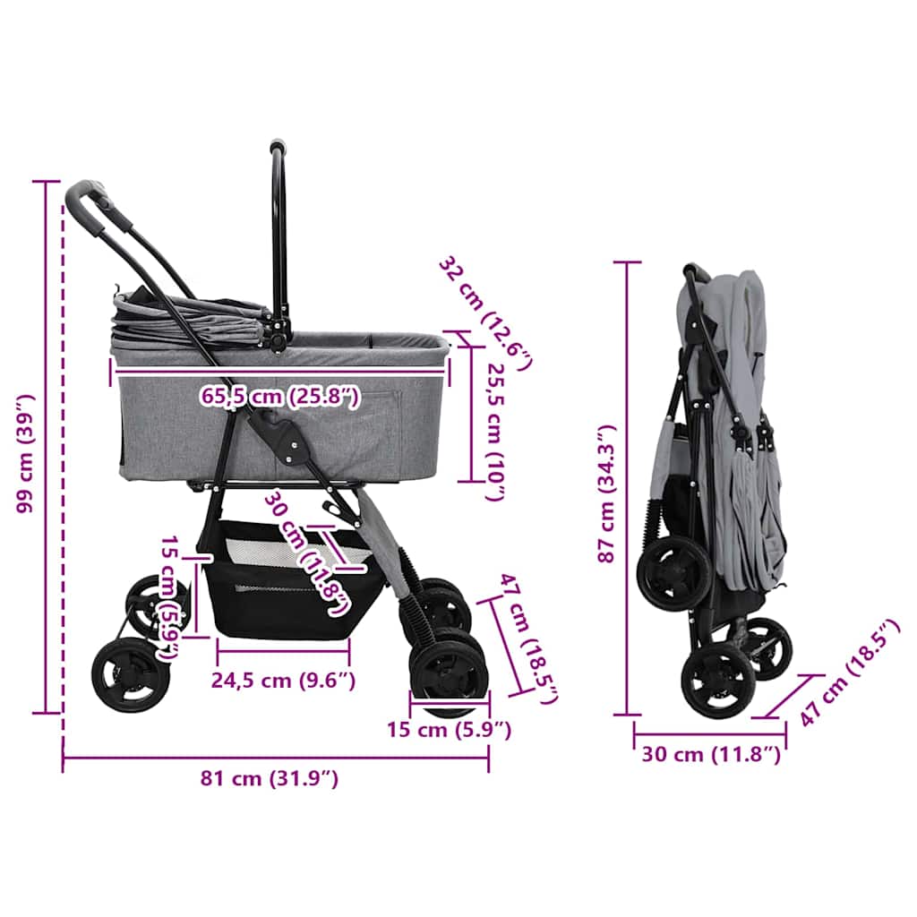 Folding Pet Stroller Adjustable Grey 81 x 47 x 99 cm Polyester