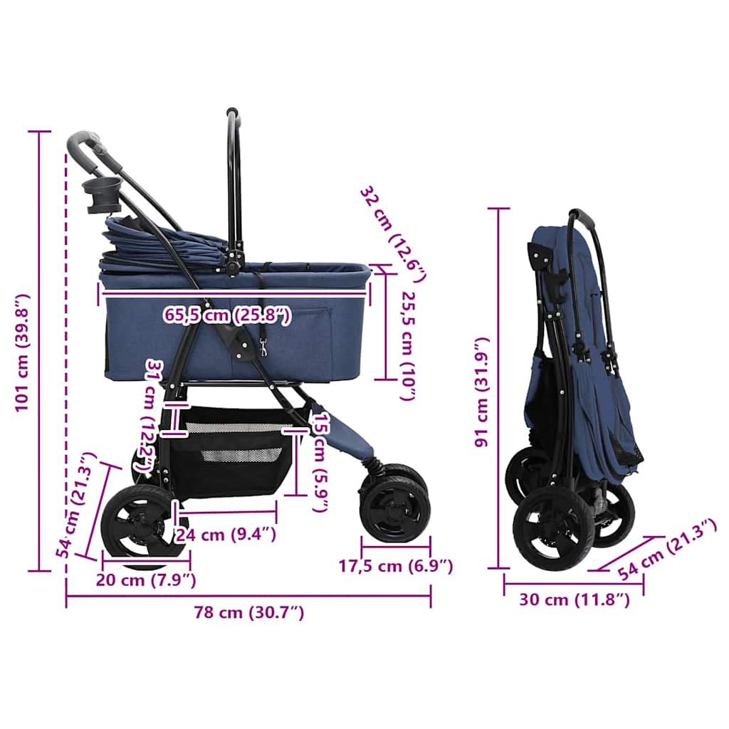 Folding Pet Stroller Adjustable Blue 78 x 54 x 101 cm Polyester