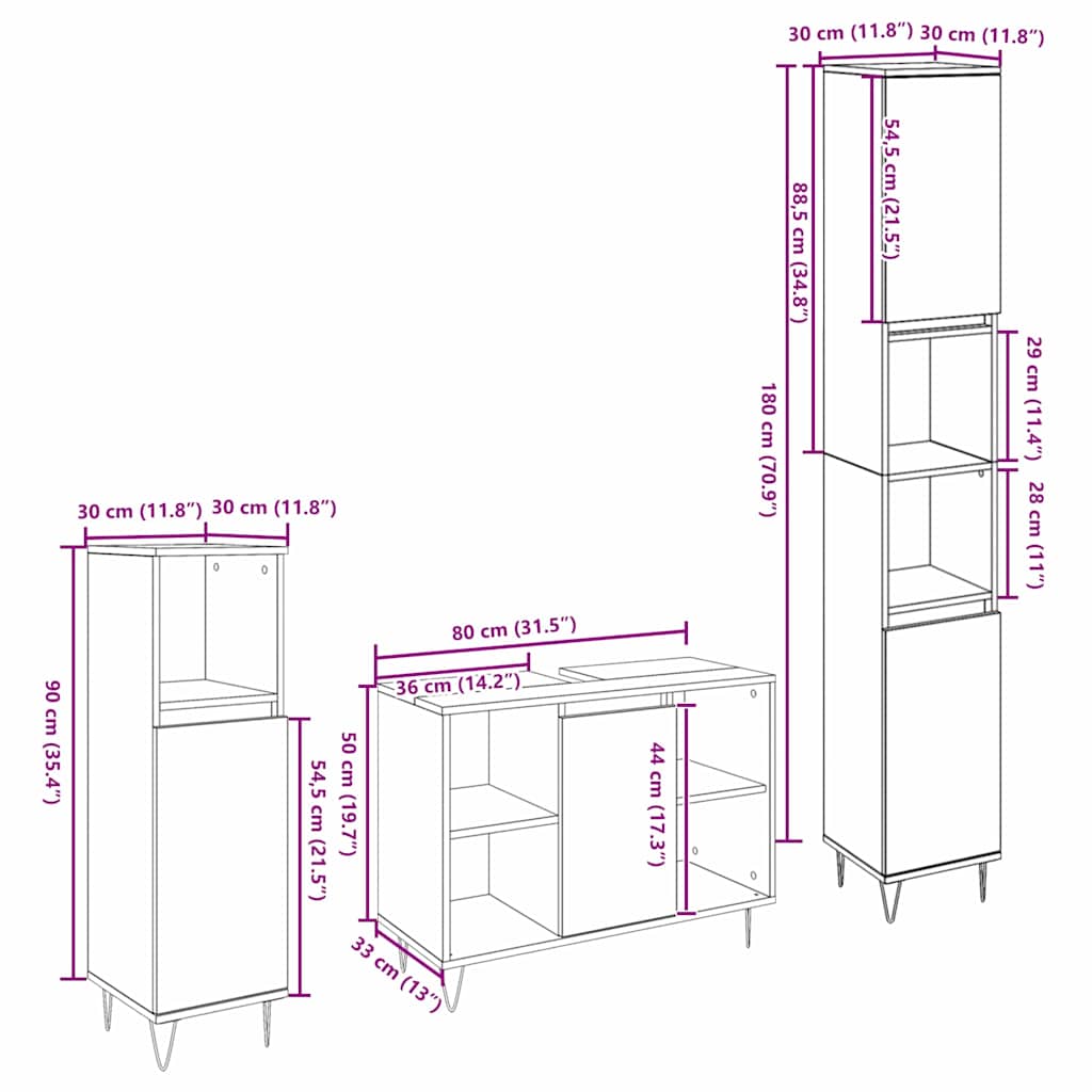 Bathroom Furniture Set 3 pcs Old Wood Engineered Wood