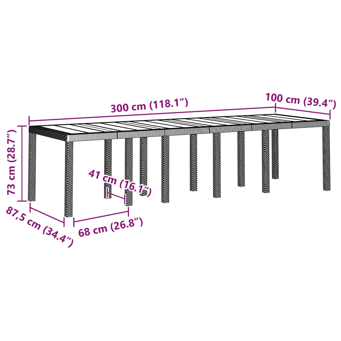 Garden Table Brown 300 x 100 x 73 cm Poly Rattan
