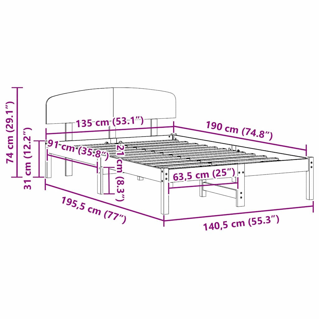 Bed Frame with Headboard Wax Brown 135 x 190 cm Solid Pine Wood