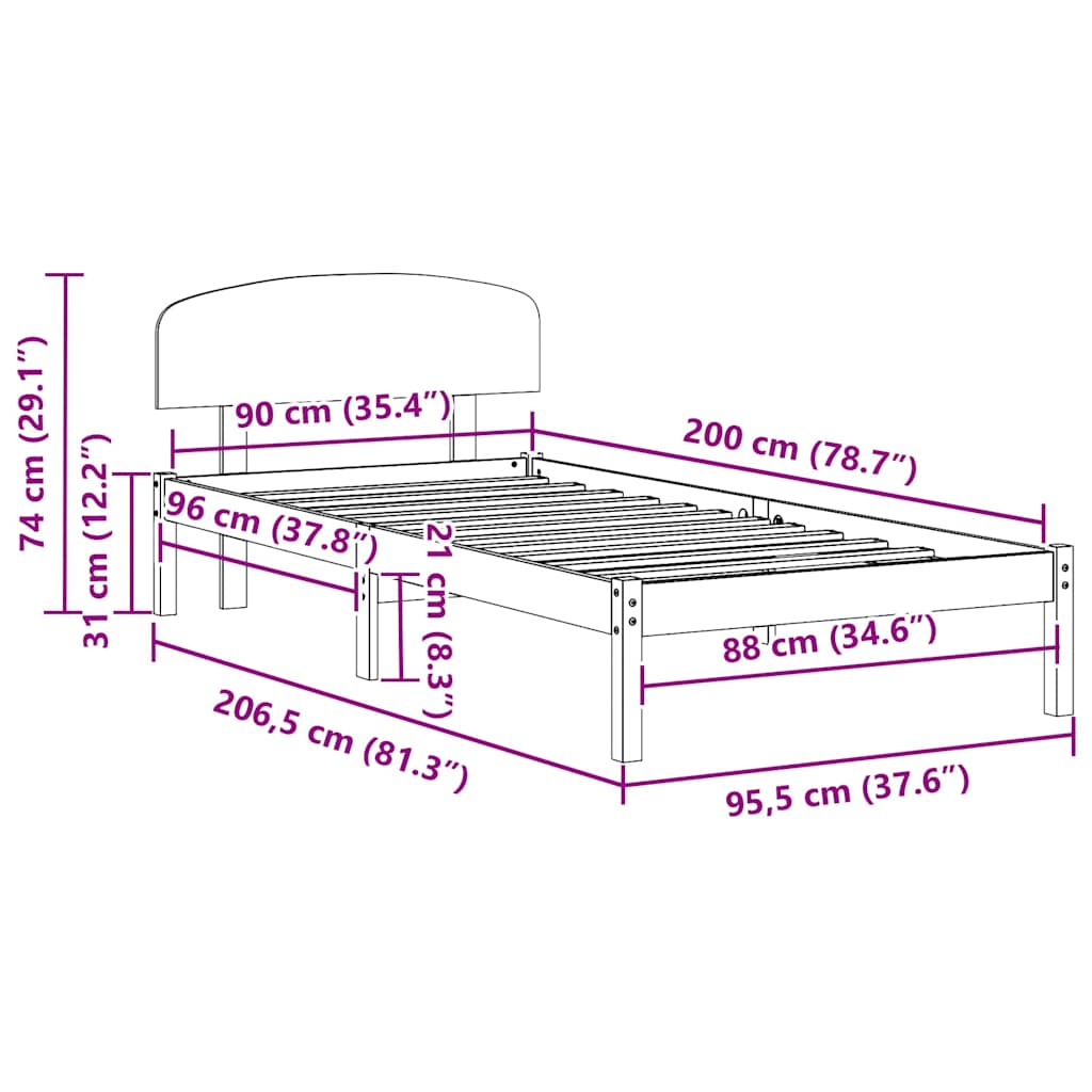 Bed Frame with Headboard Wax Brown 90 x 200 cm Solid Pine Wood