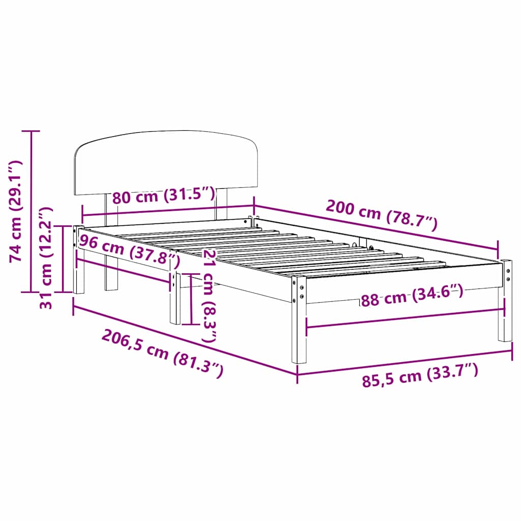 Bed Frame with Headboard Natural 80 x 200 cm Solid Pine Wood