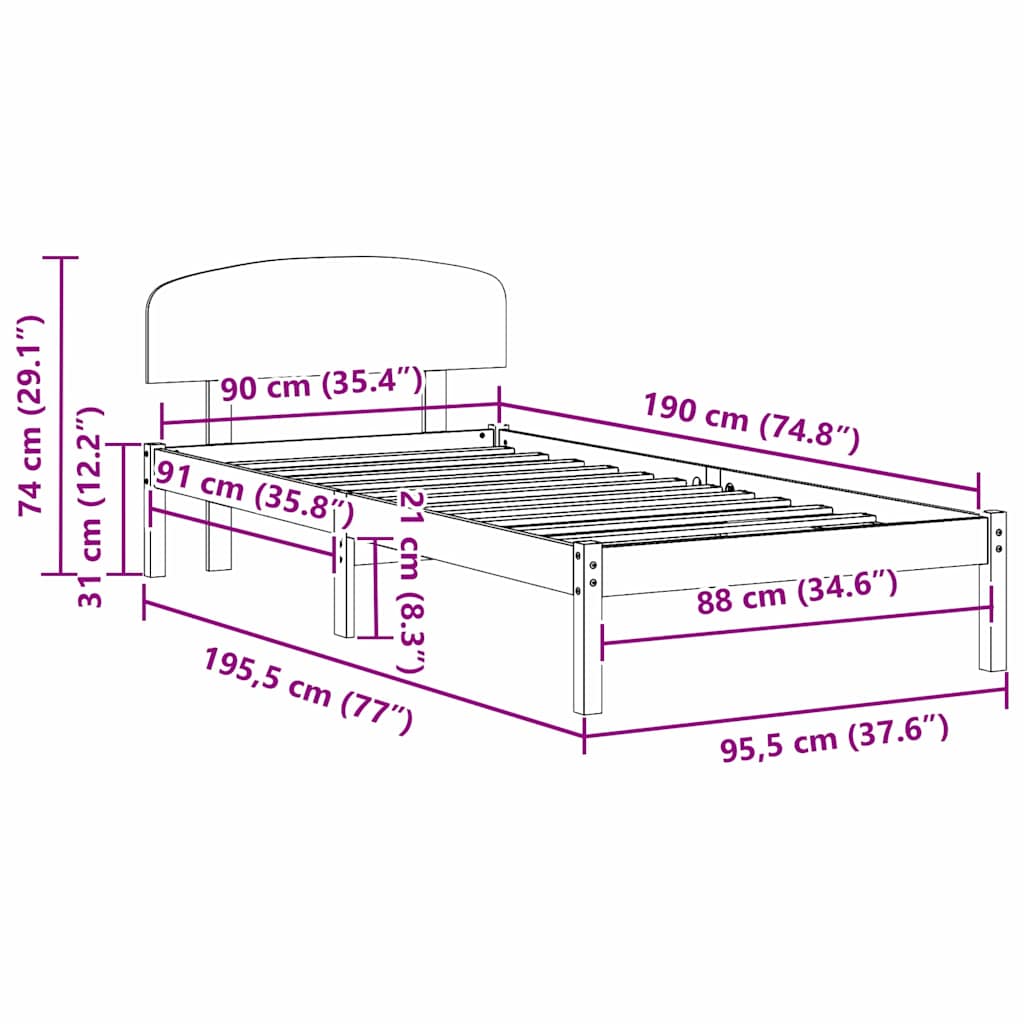 Bed Frame with Headboard Natural 90 x 190 cm Solid Pine Wood