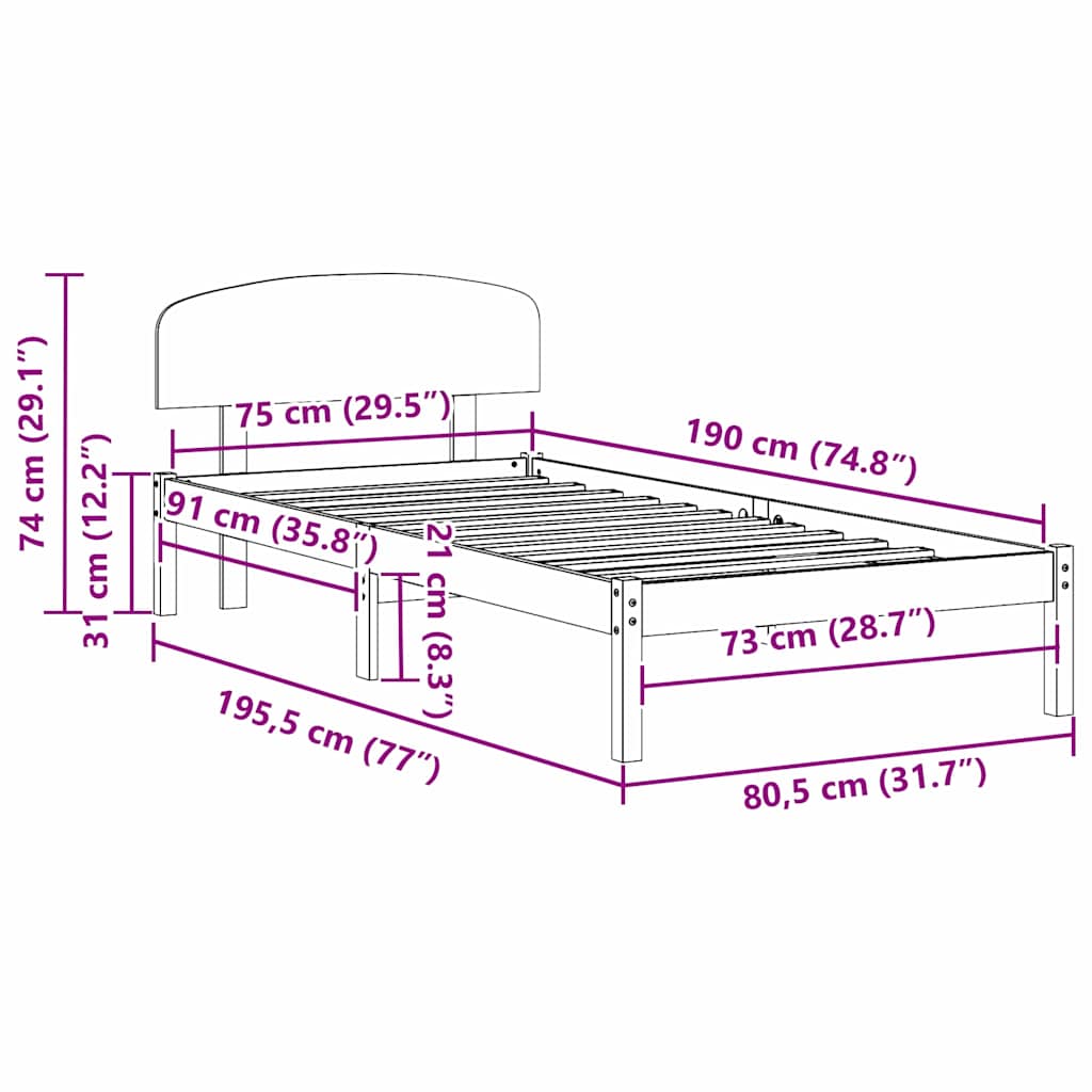 Bed Frame with Headboard Natural 75 x 190 cm Solid Pine Wood