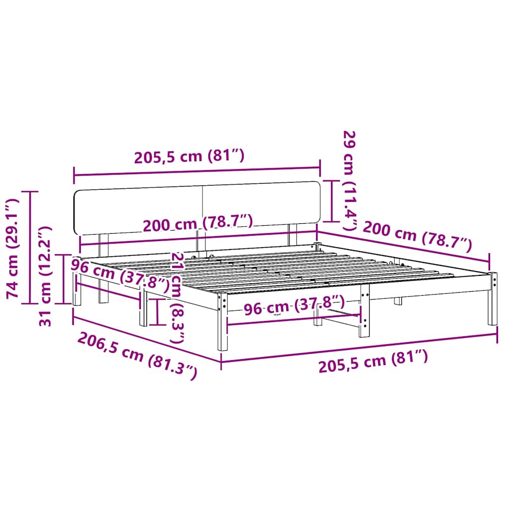 Bed Frame with Headboard White 200 x 200 cm Solid Pine Wood