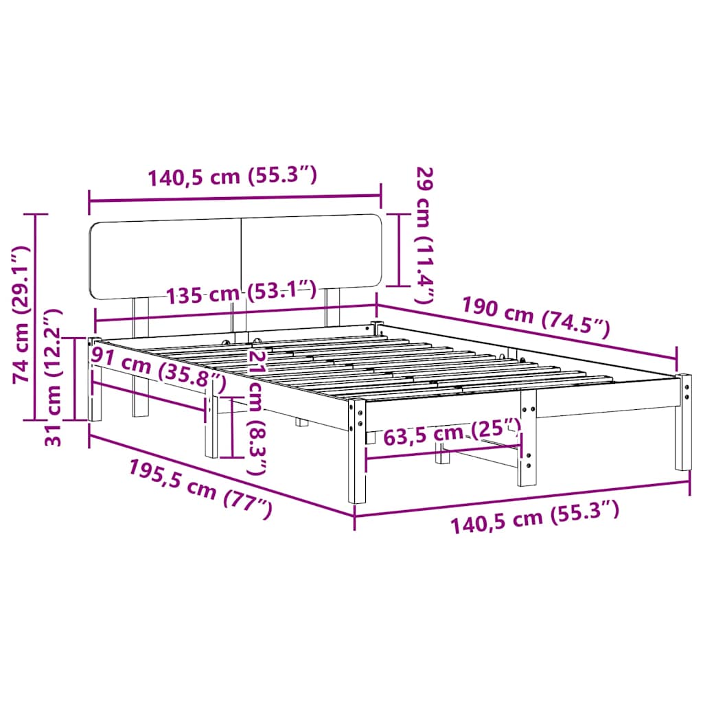 Bed Frame with Headboard Natural 135 x 190 cm Solid Pine Wood