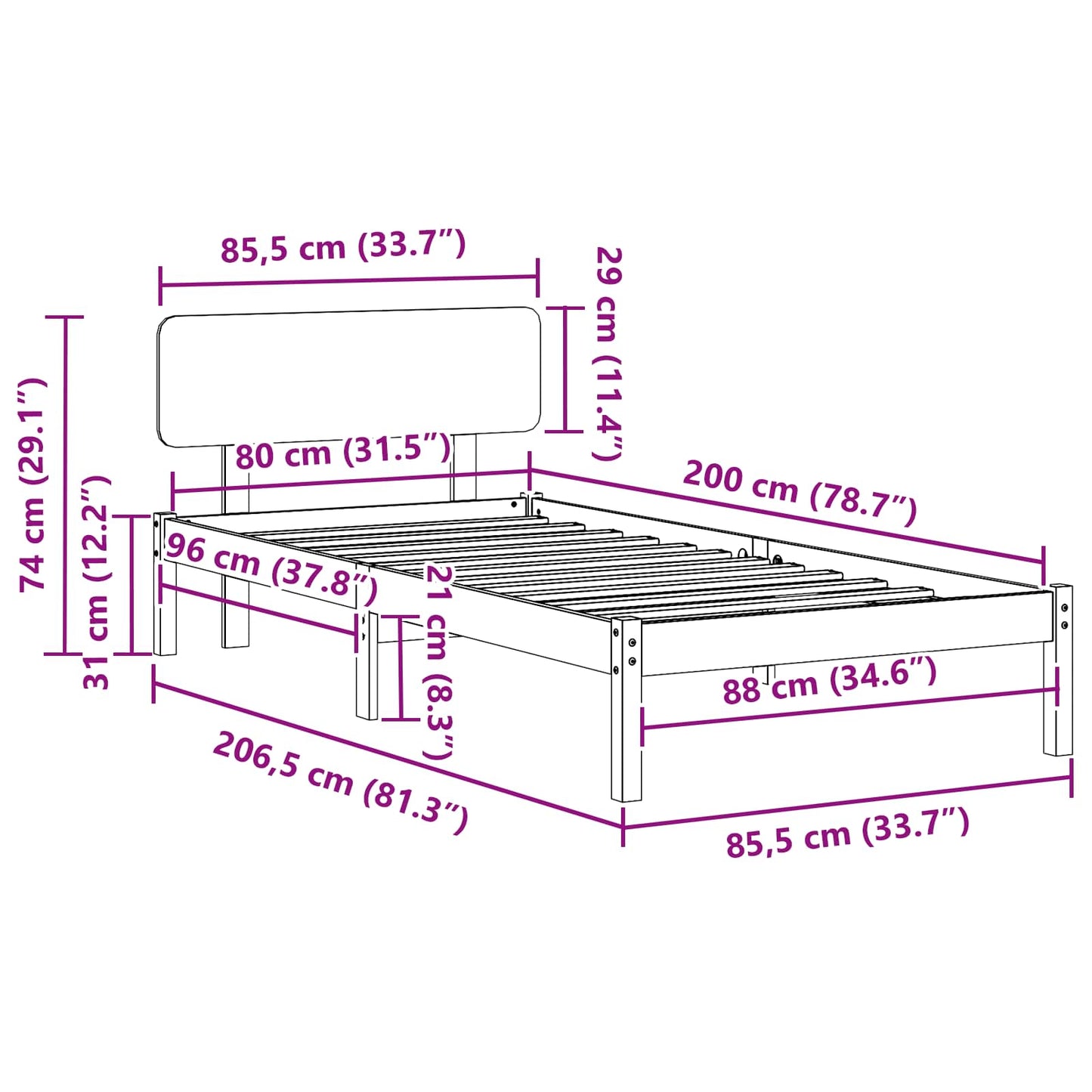 Bed Frame with Headboard Natural 80 x 200 cm Solid Pine Wood