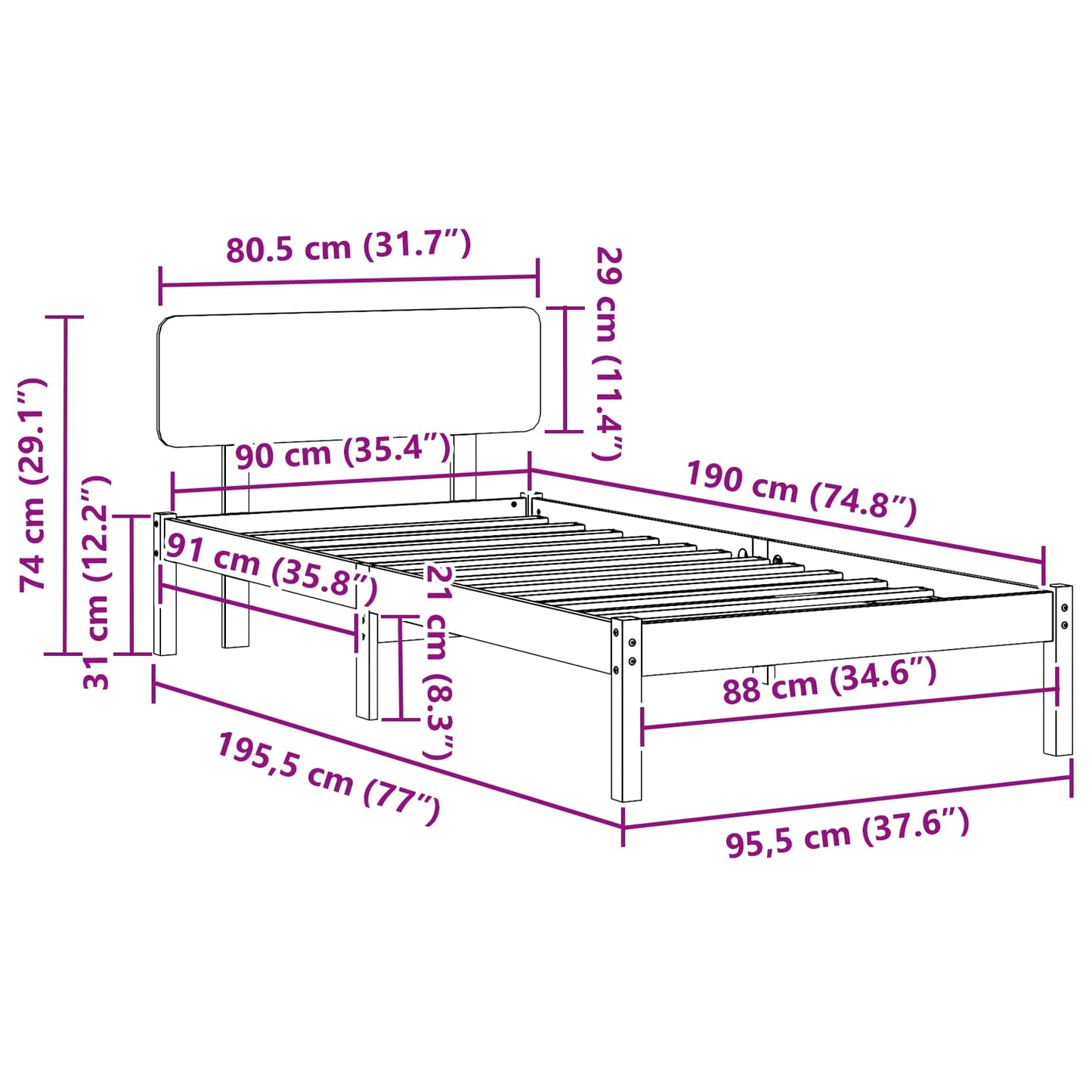 Bed Frame with Headboard White 90 x 190 cm Solid Pine Wood