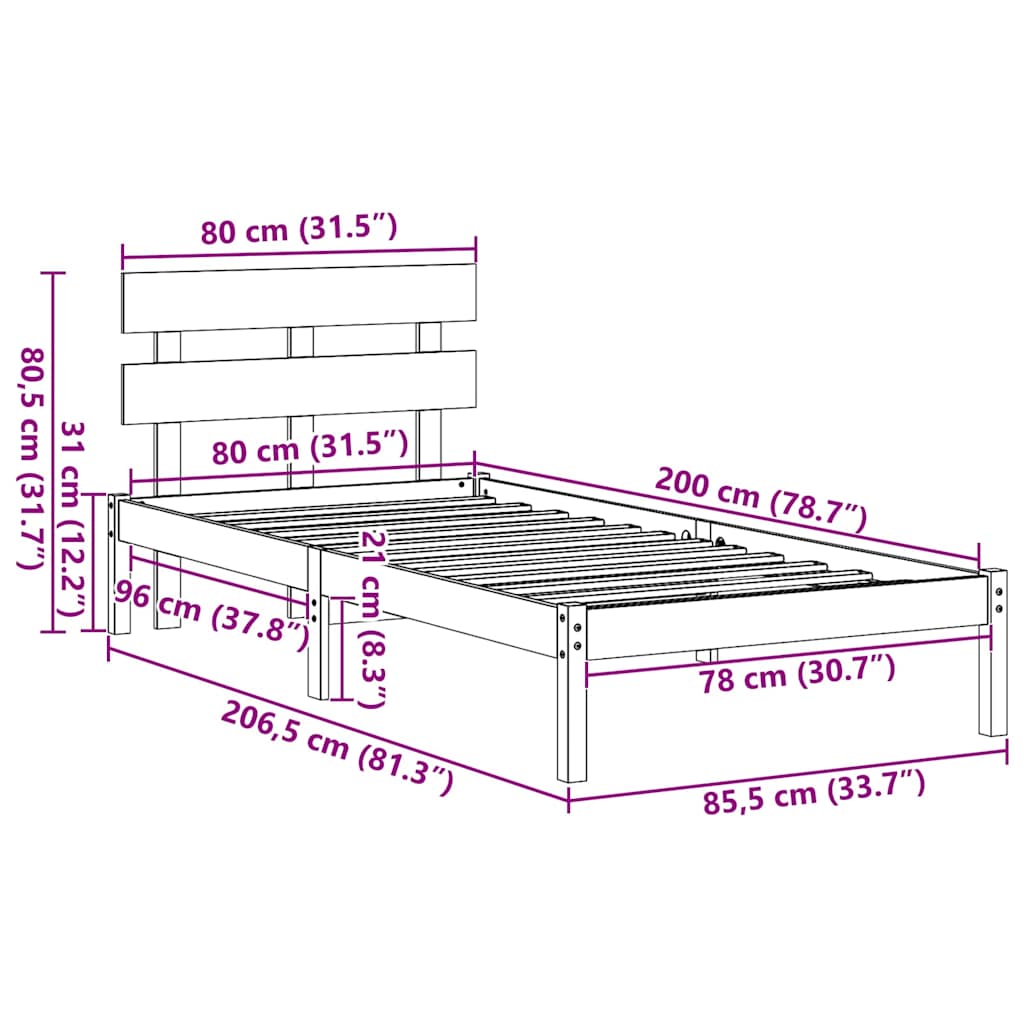 Bed Frame with Headboard Brown 80 x 200 cm Solid Pine wood