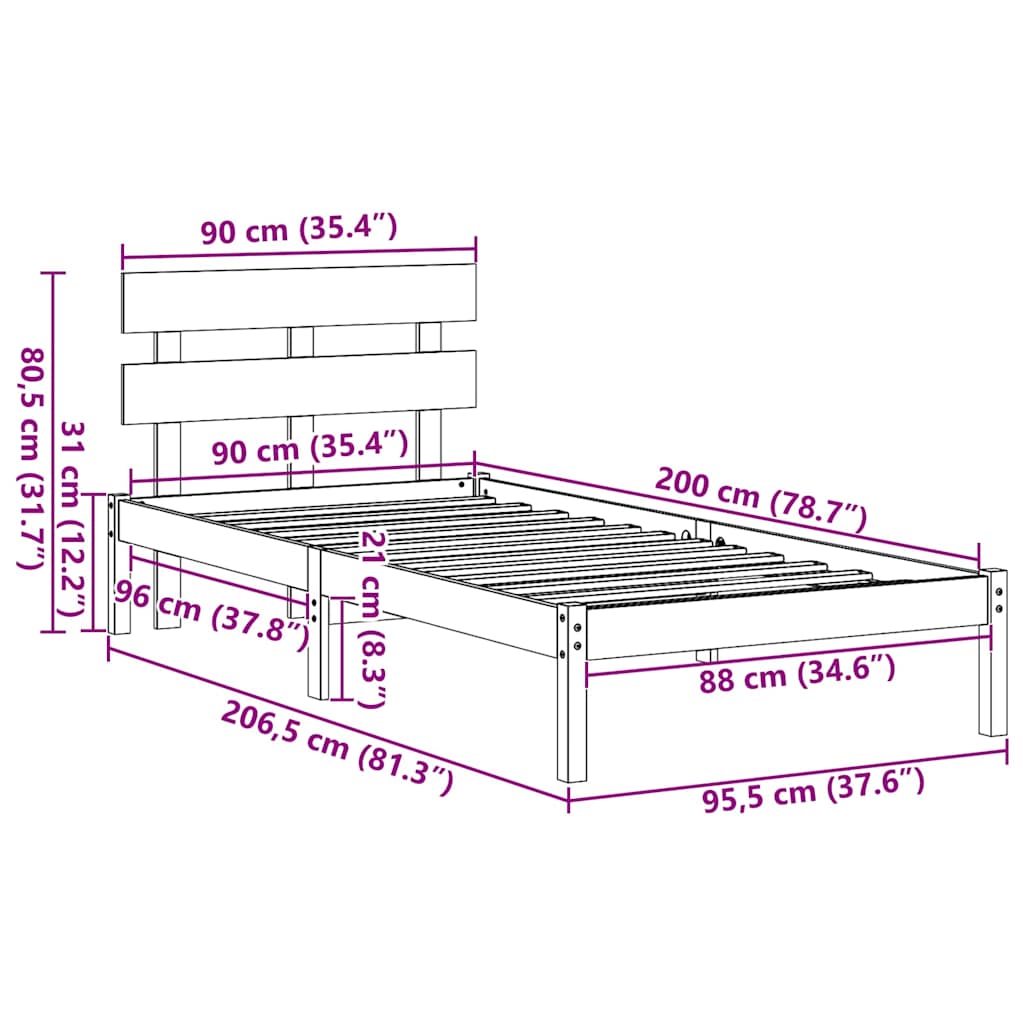 Bed Frame with Headboard Brown 90 x 200 cm Solid Pine wood
