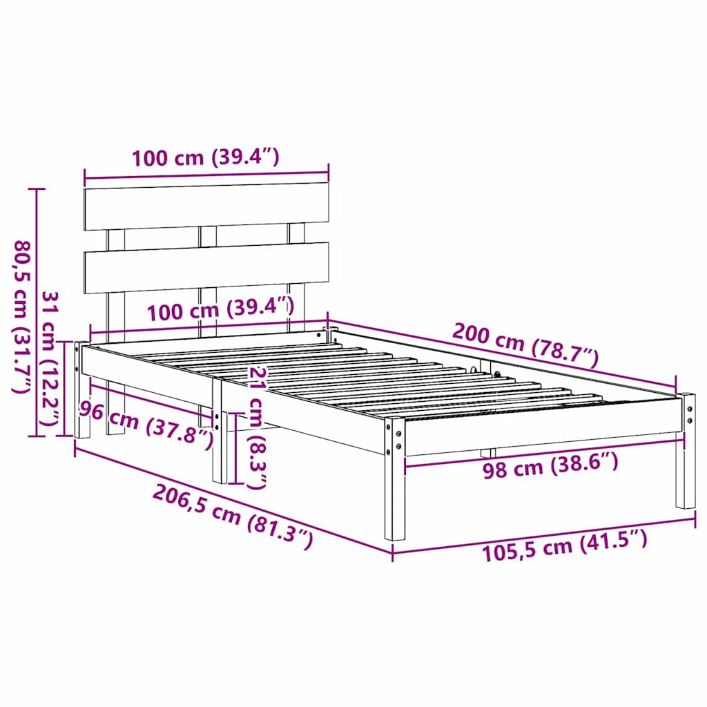 Bed Frame with Headboard Brown 100 x 200 cm Solid Pine wood