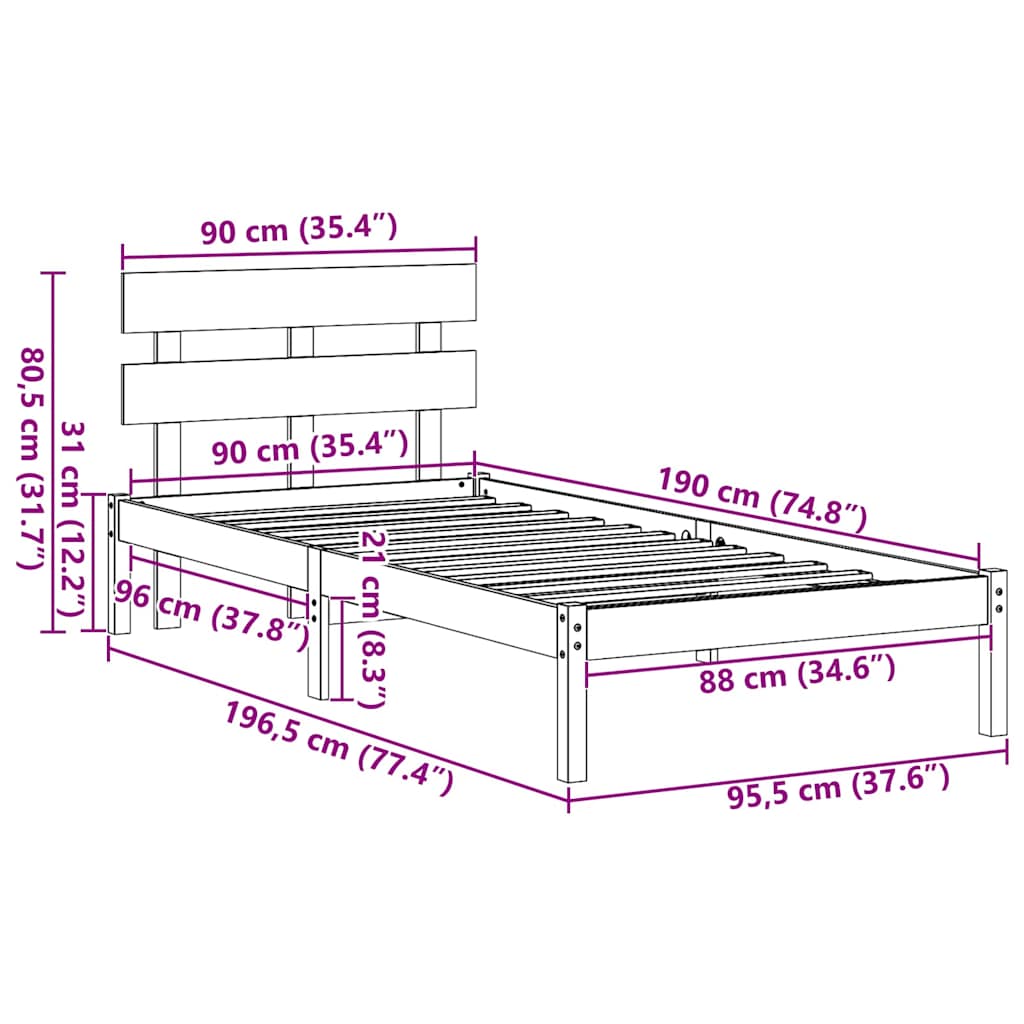 Bed Frame with Headboard Brown 90 x 190 cm Solid Pine wood