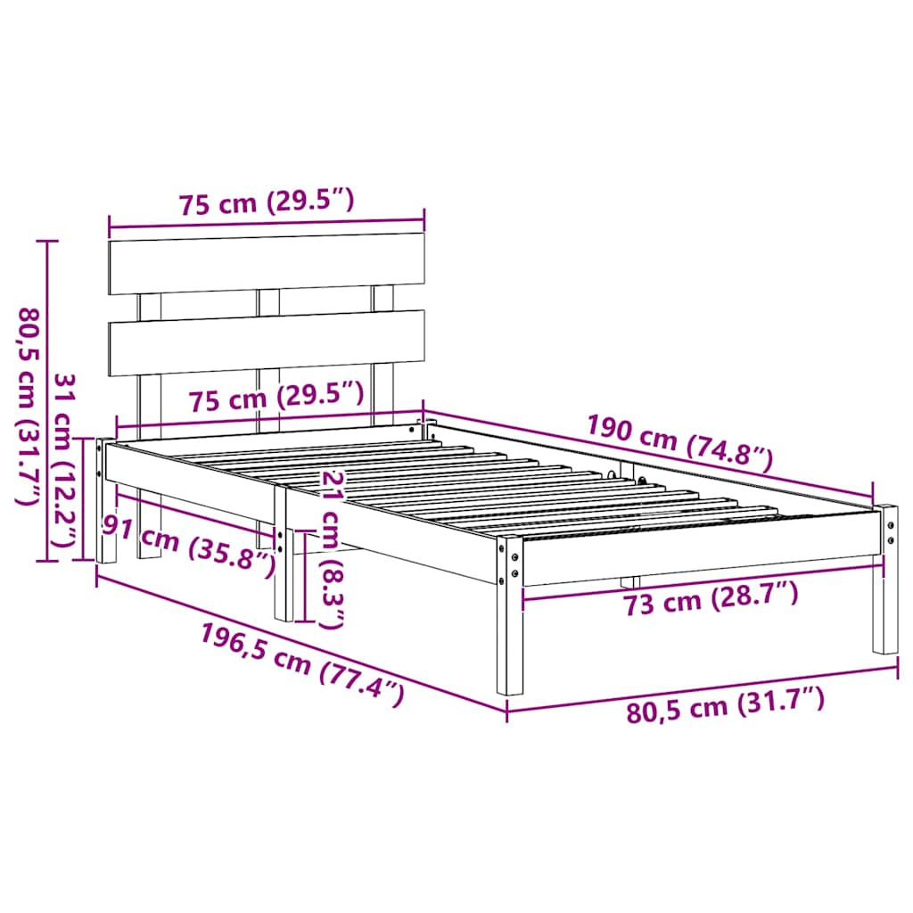 Bed Frame with Headboard Brown 75 x 190 cm Solid Pine wood