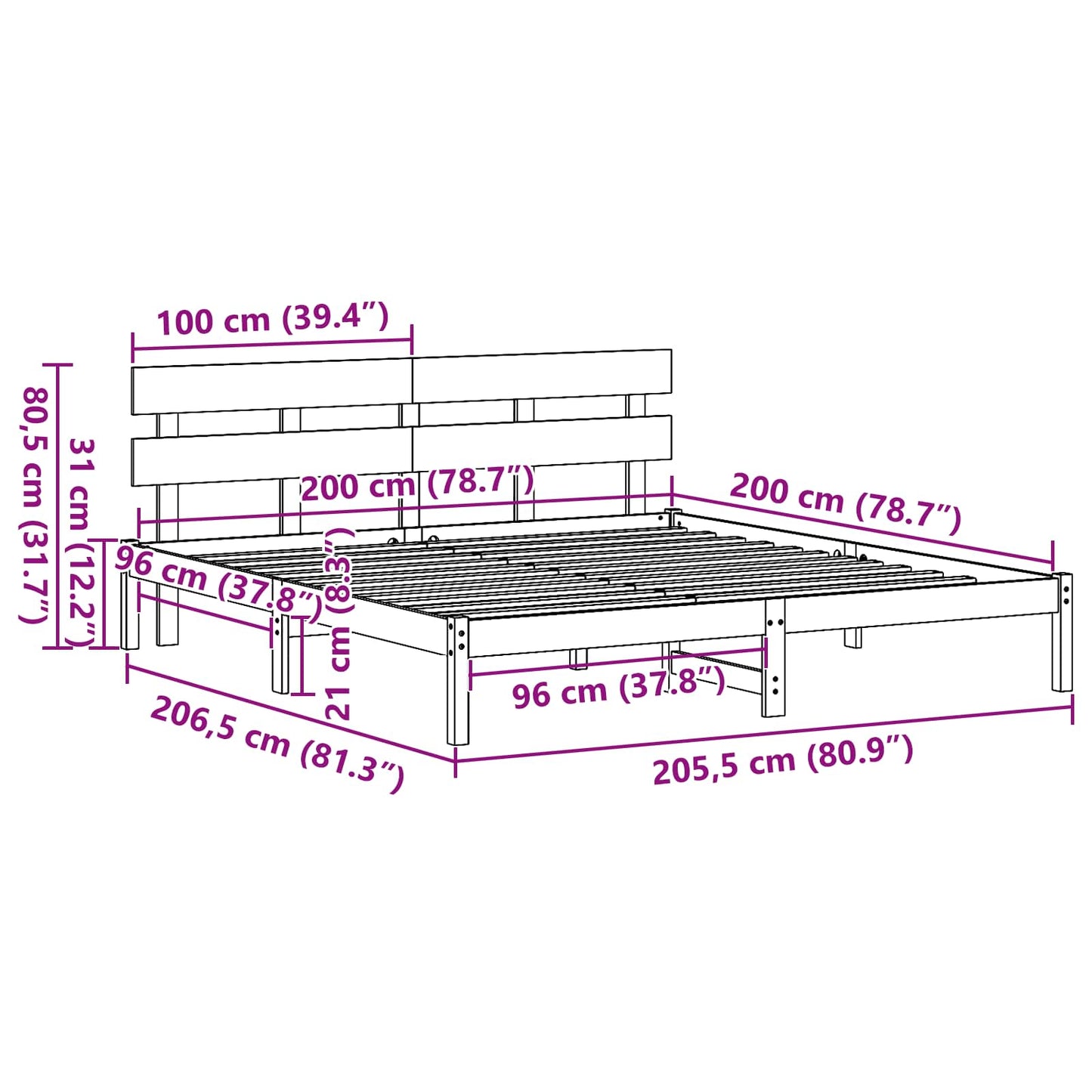 Bed Frame with Headboard White 200 x 200 cm Solid Pine wood
