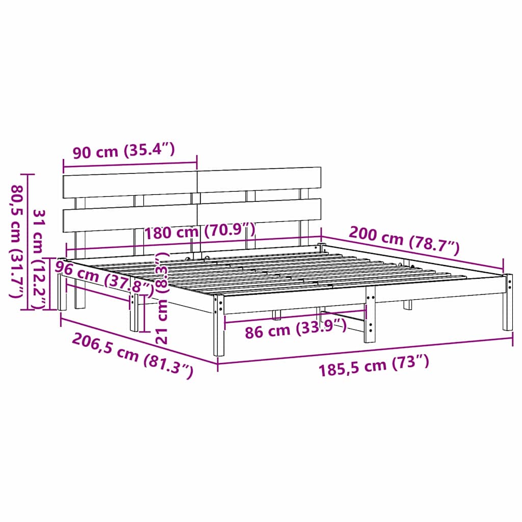 Bed Frame with Headboard White 180 x 200 cm Solid Pine wood