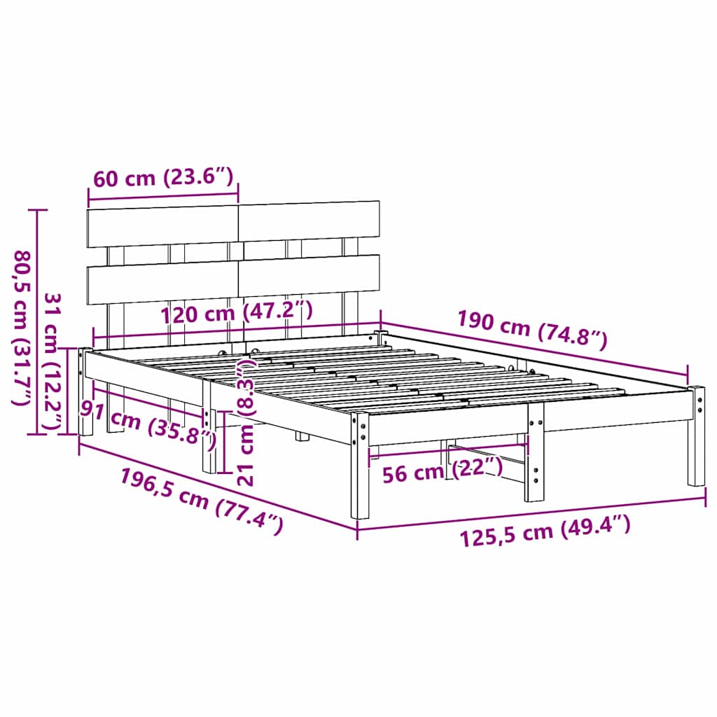 Bed Frame with Headboard Brown 120 x 190 cm Solid Pine wood