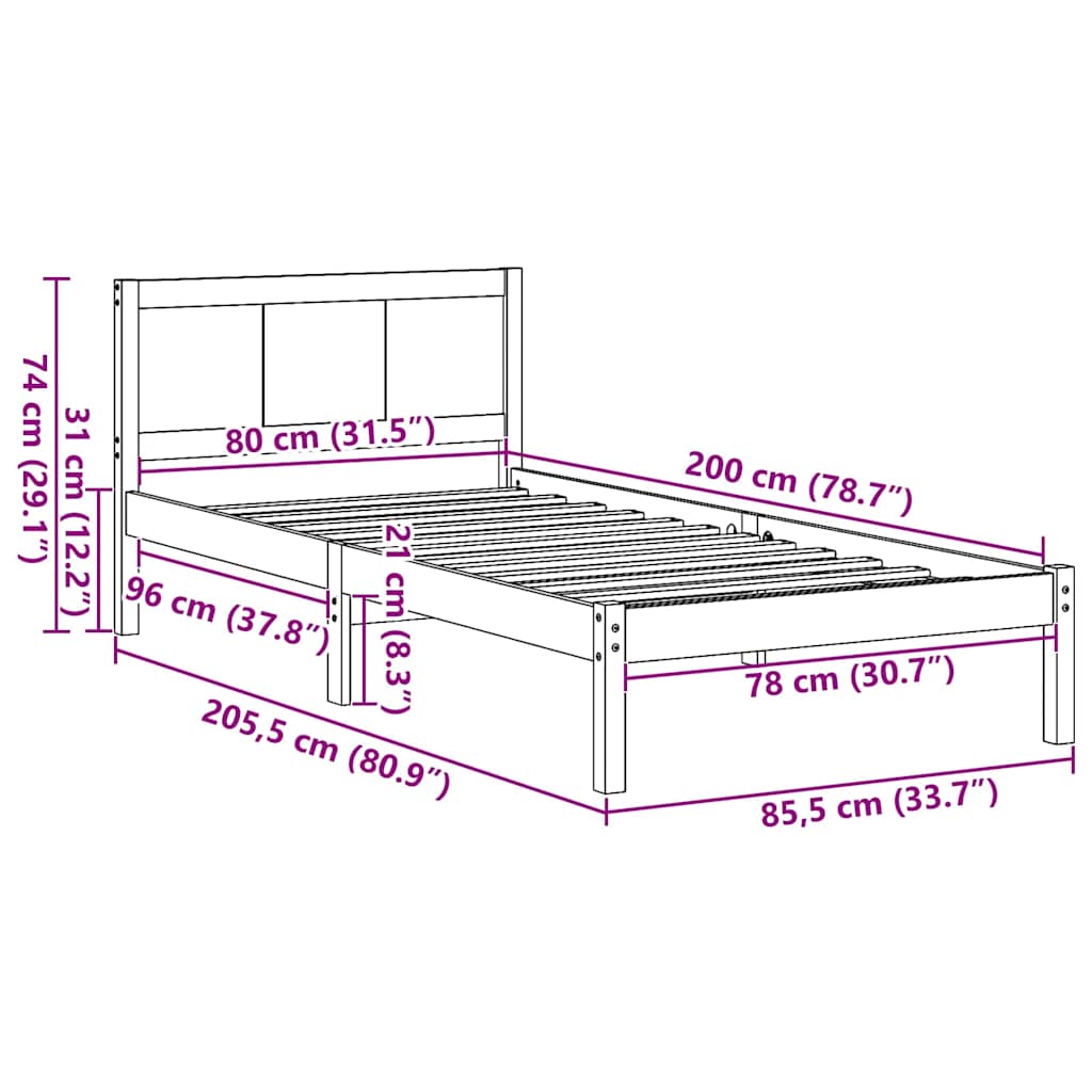 Bed Frame Brown 80 x 200 cm Solid Pine wood