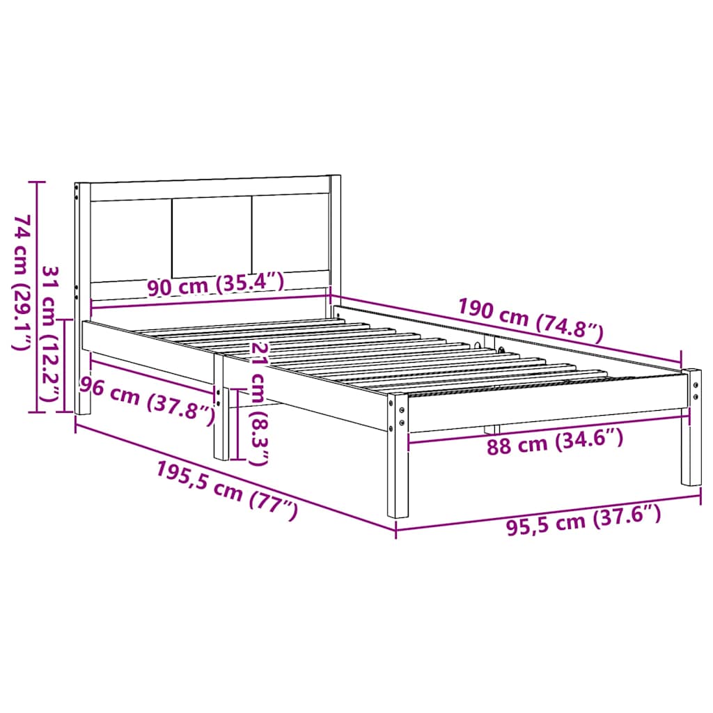 Bed Frame Brown 90 x 190 cm Solid Pine wood