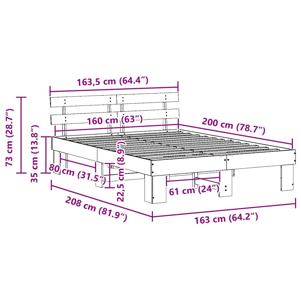 Bed Frame with Headboard Natural 160 x 200 cm Solid Pine Wood