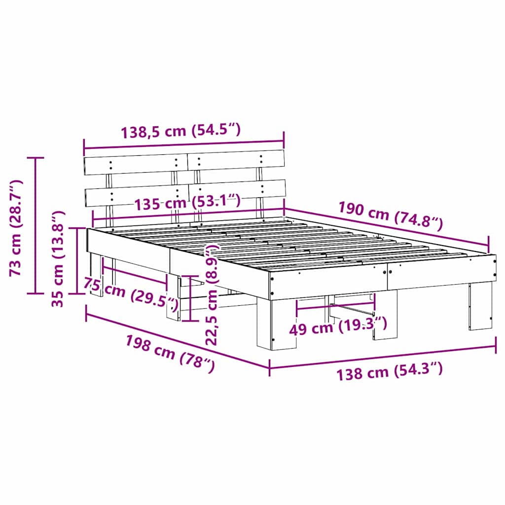 Bed Frame with Headboard Wax Brown 135 x 190 cm Solid Pine Wood