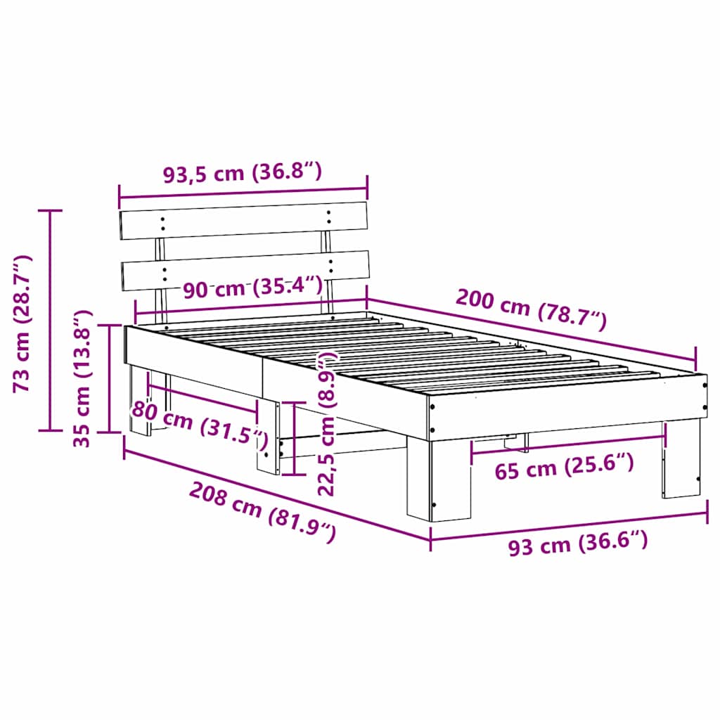 Bed Frame with Headboard Wax Brown 90 x 200 cm Solid Pine Wood