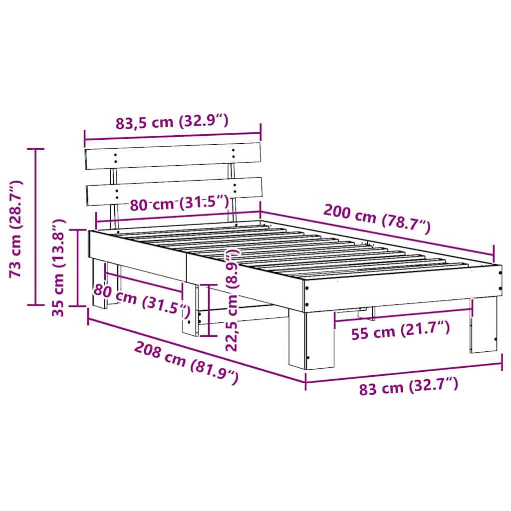 Bed Frame with Headboard White 80 x 200 cm Solid Pine Wood