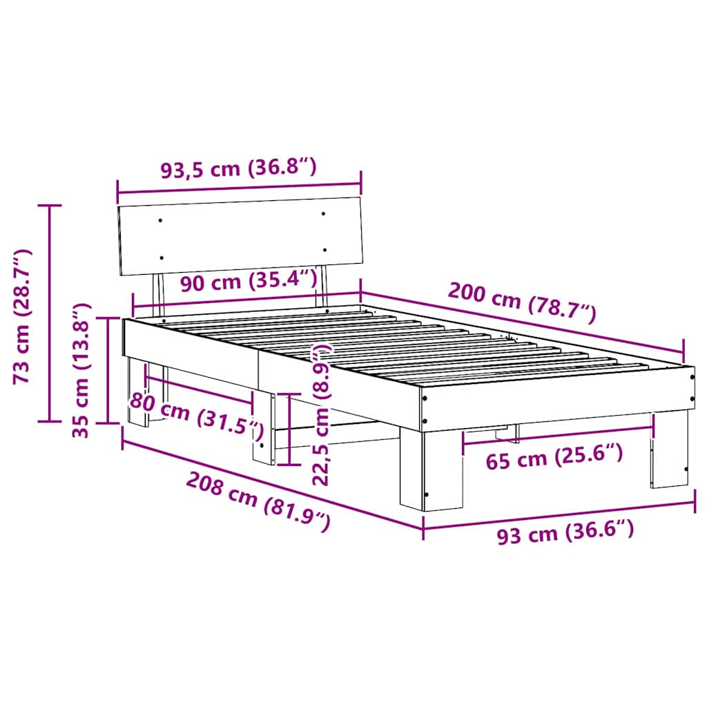 Bed Frame with Headboard White 90 x 200 cm Solid Pine Wood
