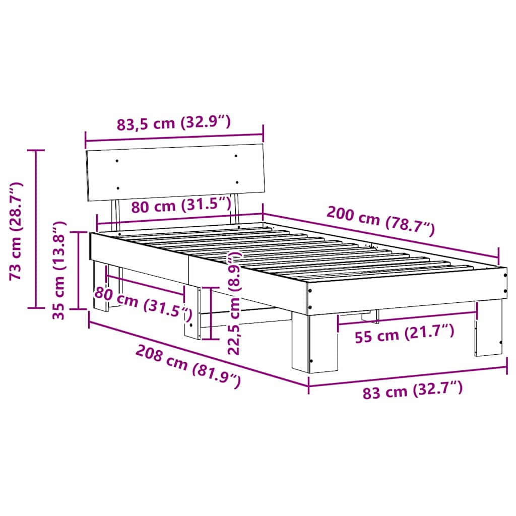 Bed Frame with Headboard Wax Brown 80 x 200 cm Solid Pine Wood