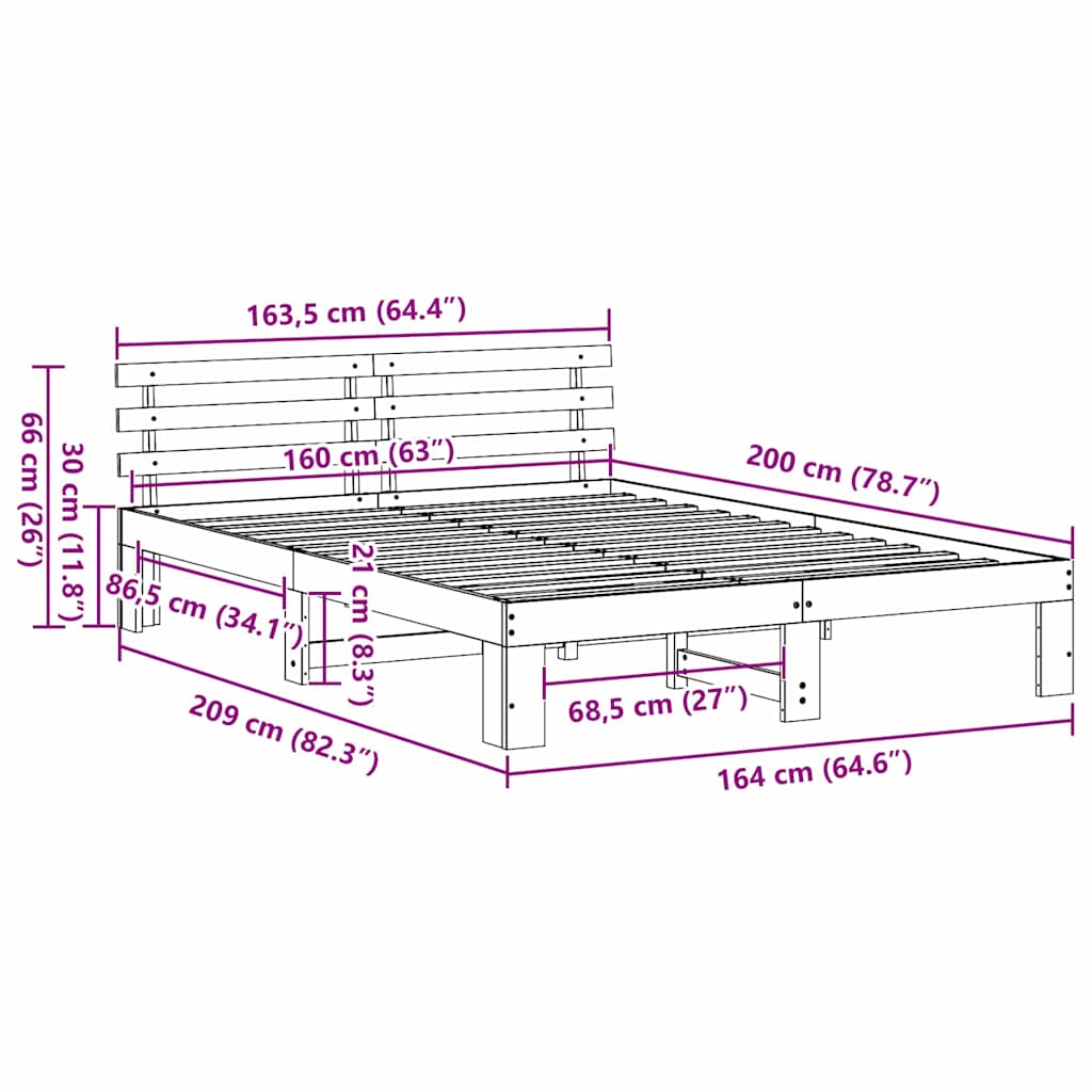 Bed Frame with Headboard White 160 x 200 cm Solid Pine Wood