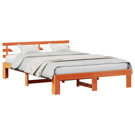 Bed Frame with Headboard Wax Brown 160 x 200 cm Solid Pine Wood