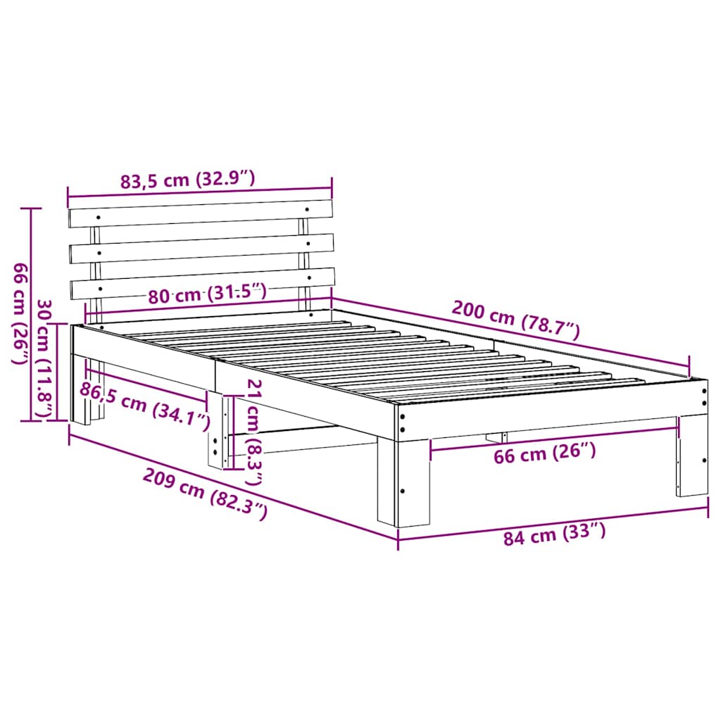 Bed Frame with Headboard White 80 x 200 cm Solid Pine Wood