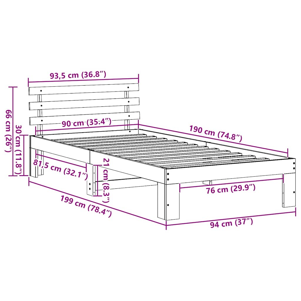 Bed Frame with Headboard White 90 x 190 cm Solid Pine Wood