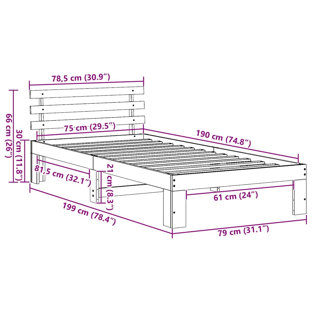 Bed Frame with Headboard White 75 x 190 cm Solid Pine Wood